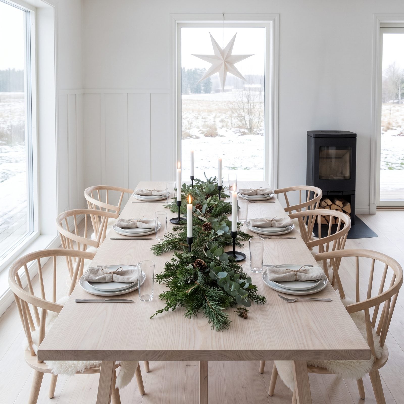 A Foraged Evergreen Runner Down a Pale Scandinavian Table