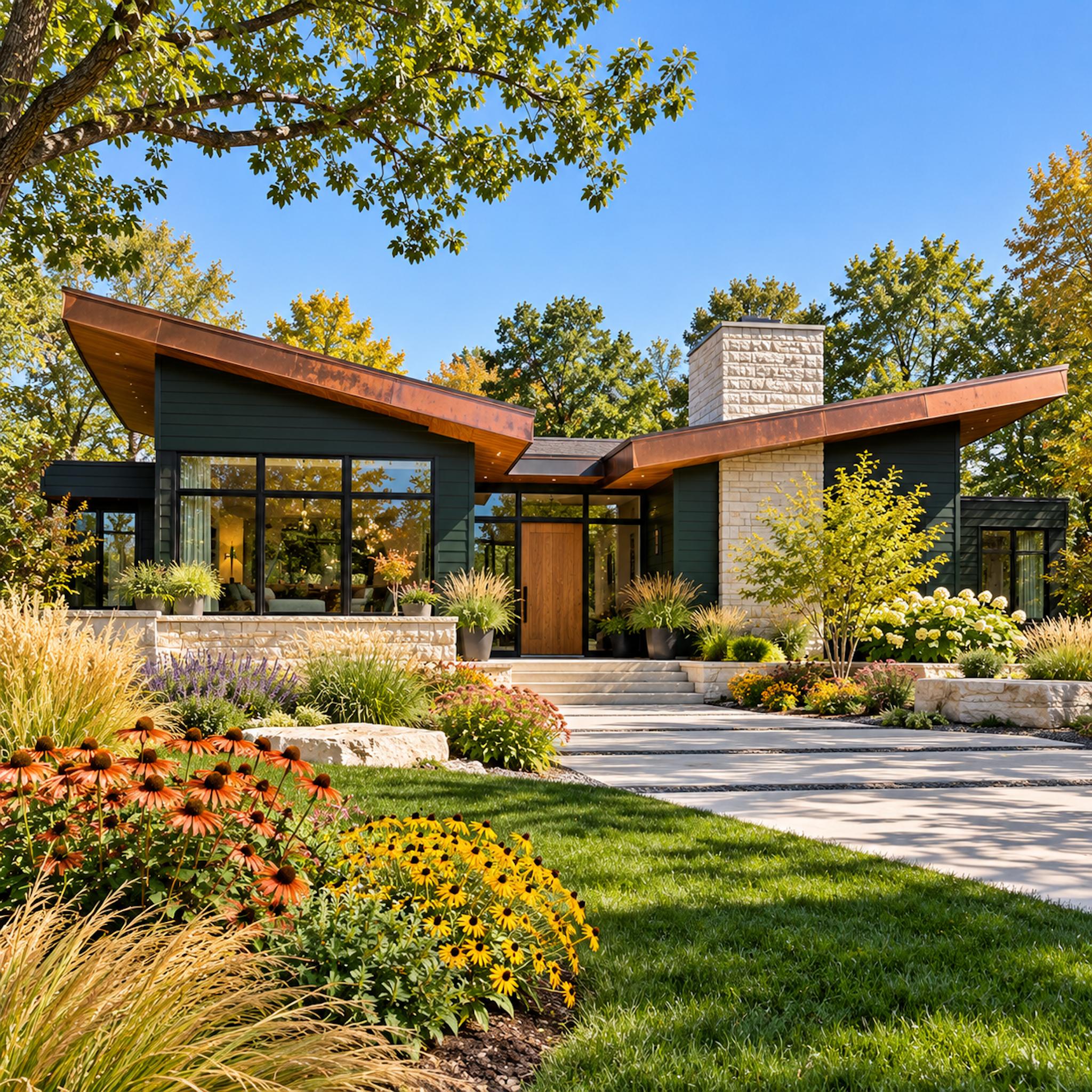 Contemporary prairie-style house with deep forest-black green siding, dramatic copper-edged rooflines, a pale stone chimney, and colorful perennial gardens.
