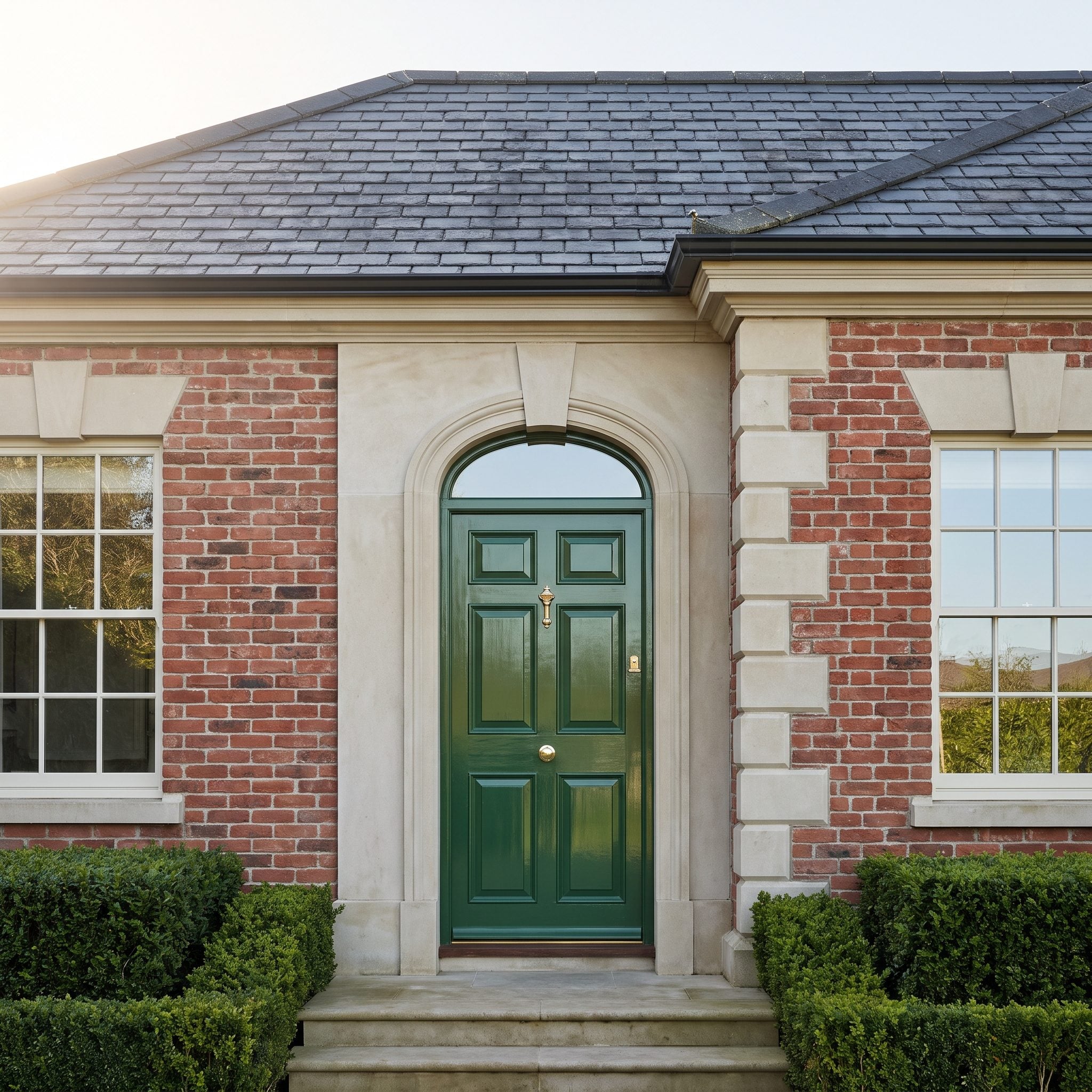 Forest-green front door on a red-brick home with charcoal slate roofing