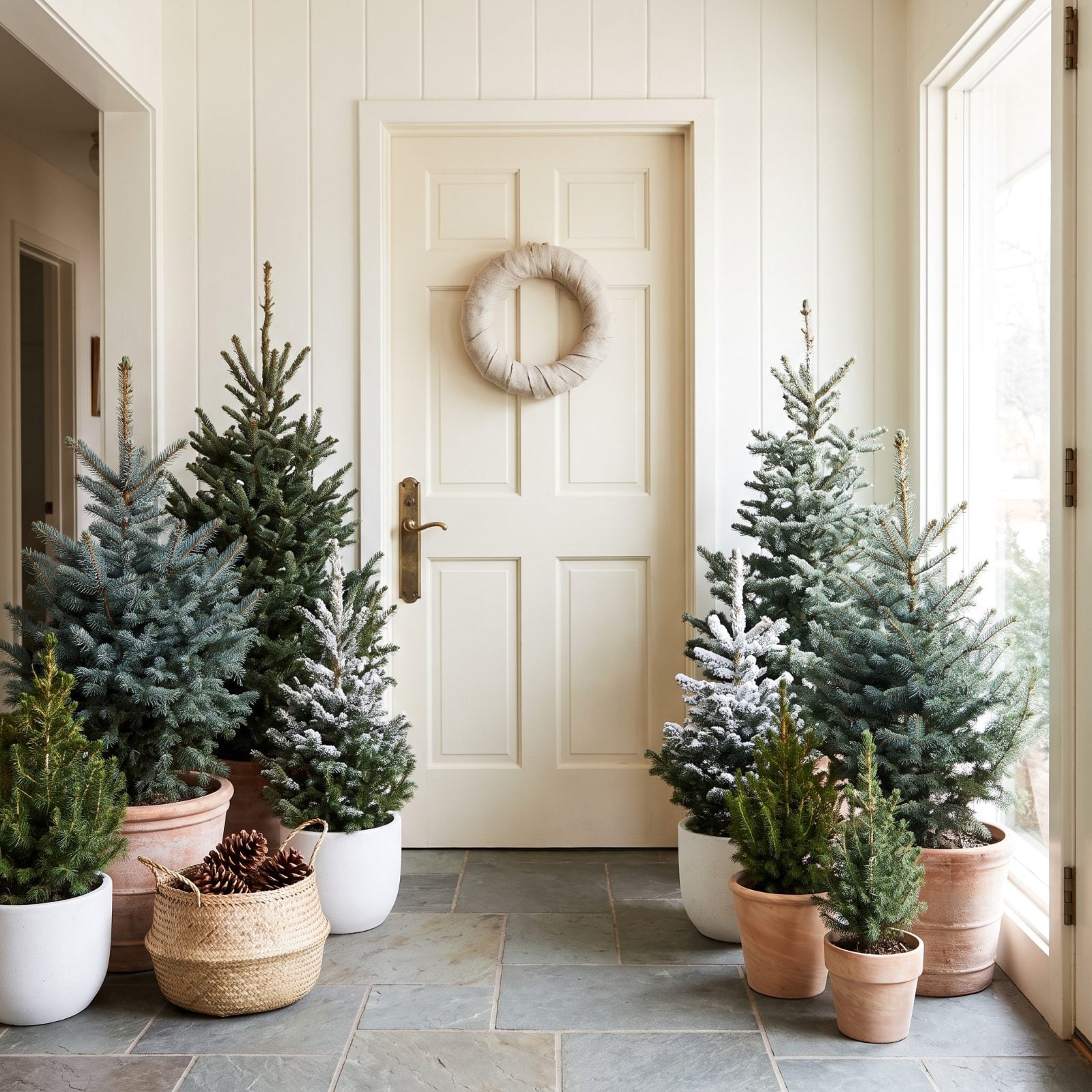 A Forest of Potted Miniature Firs Flanking the Entrance