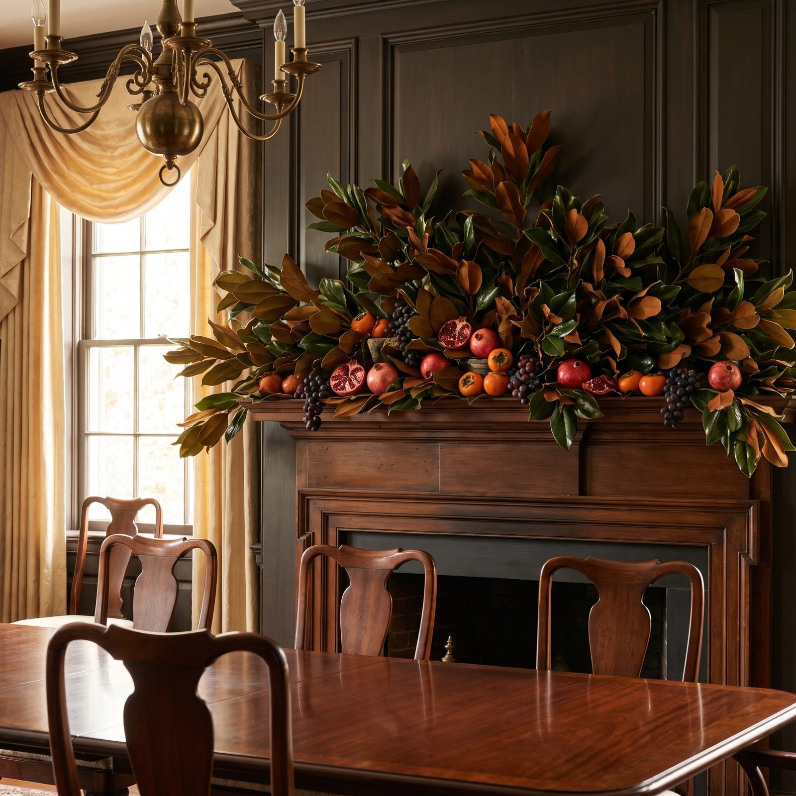 A Formal Dining Fireplace Covered in Magnolia Leaves and Fruit