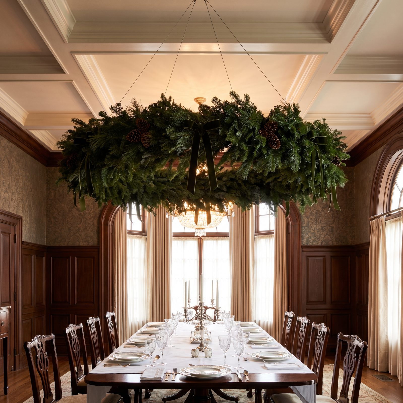A Formal Dining Room Under a Giant Floating Wreath