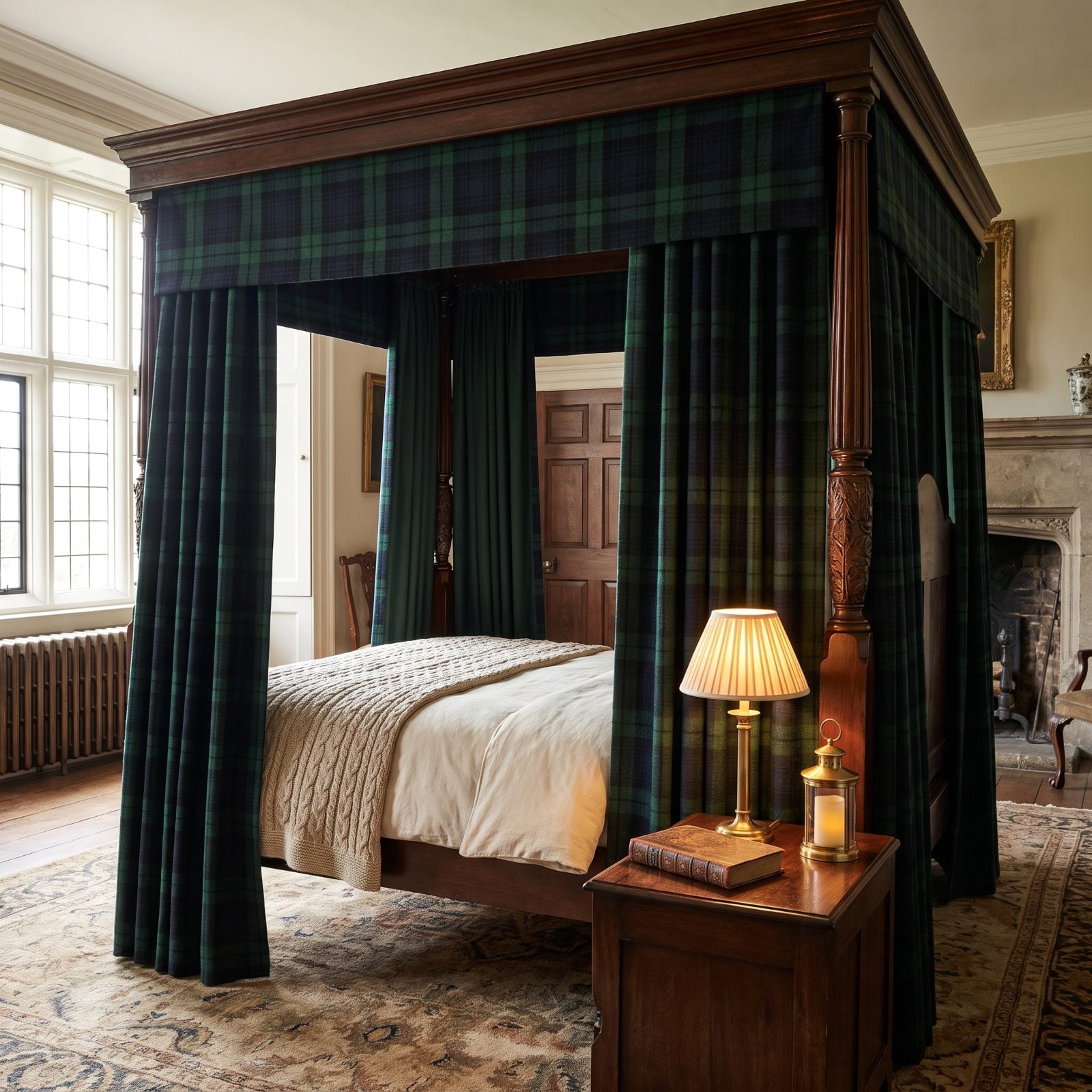 A Four-Poster Bed Hung with Plaid Wool Panels