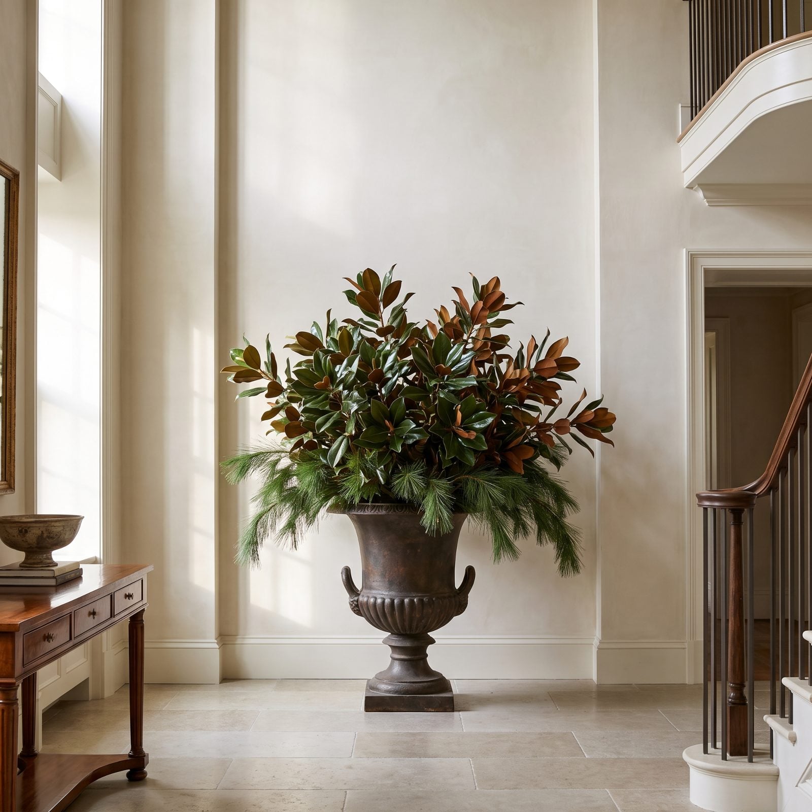 A Foyer Anchored by One Dramatic Urn of Magnolia and Pine