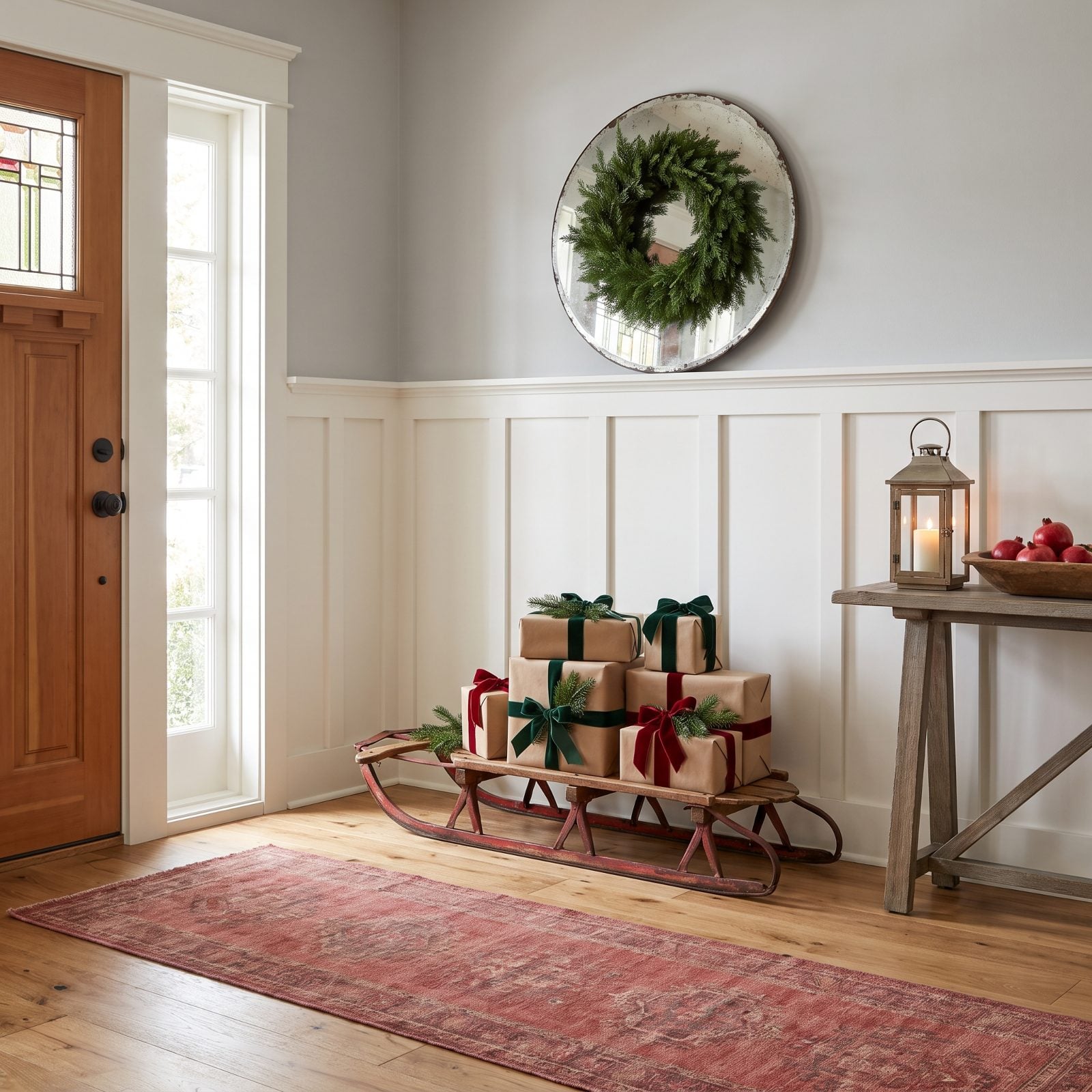 A Foyer With an Antique Sled Carrying Wrapped Presents
