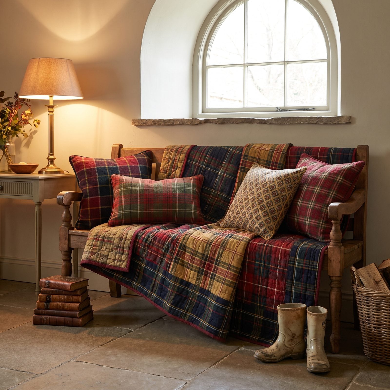 A Foyer Bench Layered with Quilted Plaid Textiles