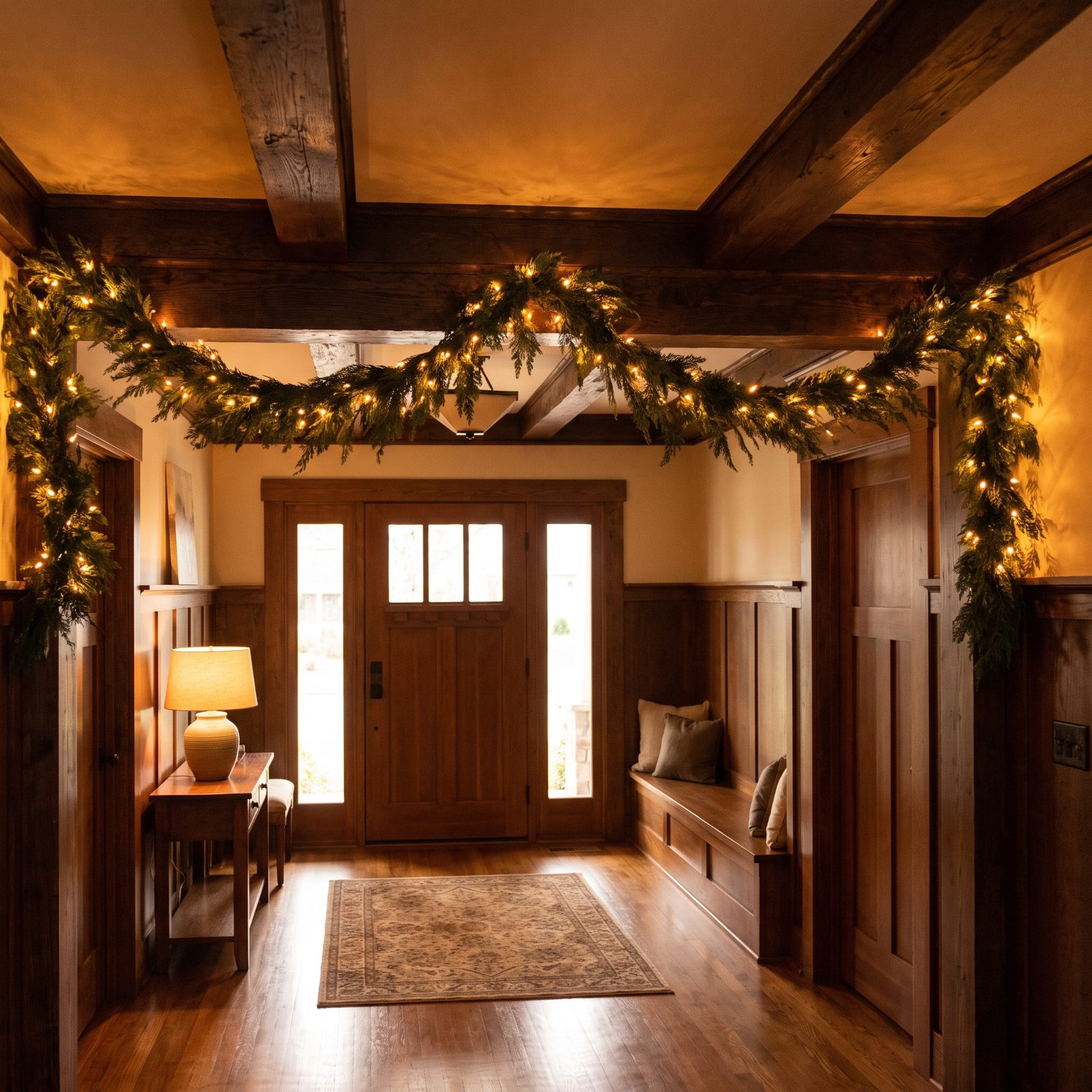 A Foyer Crossed by Glowing Garlands Between Beams