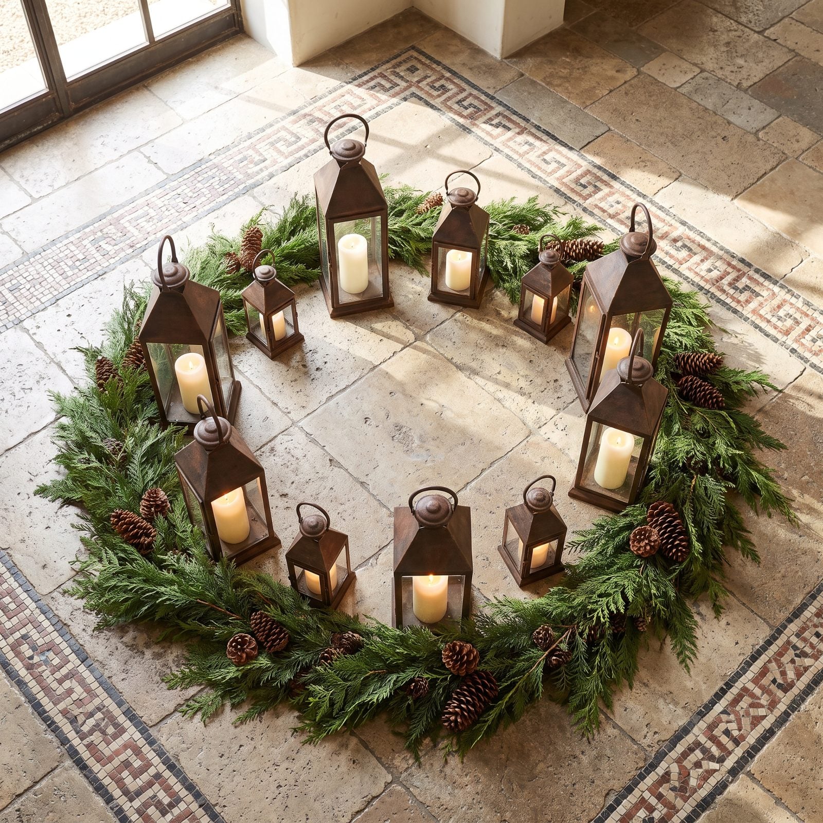 A Foyer Floor Framed by a Ring of Lanterns and Greenery