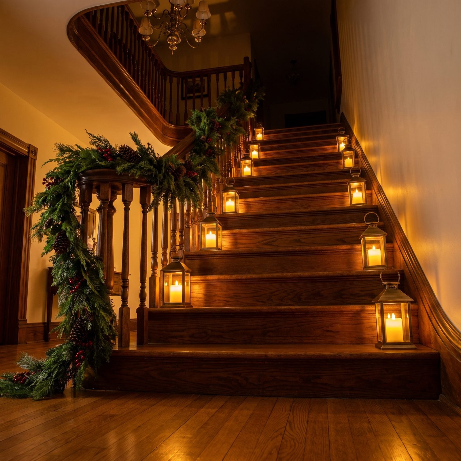 A Foyer Staircase Cascading With Garland and Lanterns