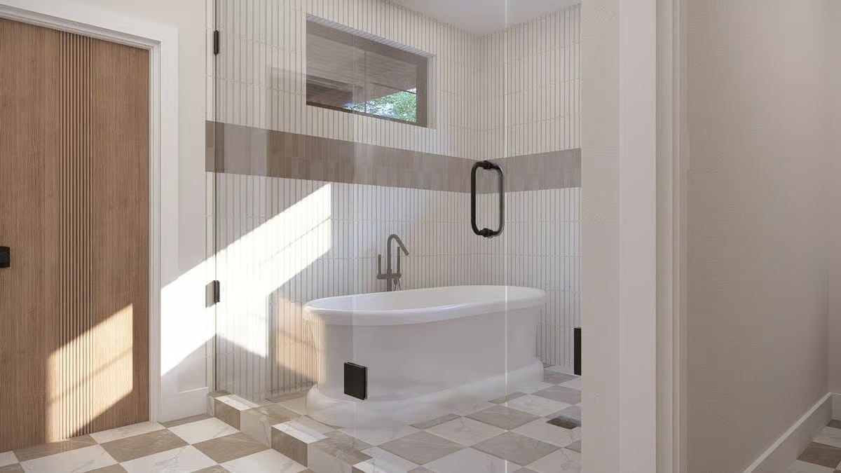 Freestanding Tub, Glass Enclosure, and a Window That Earns Its Keep