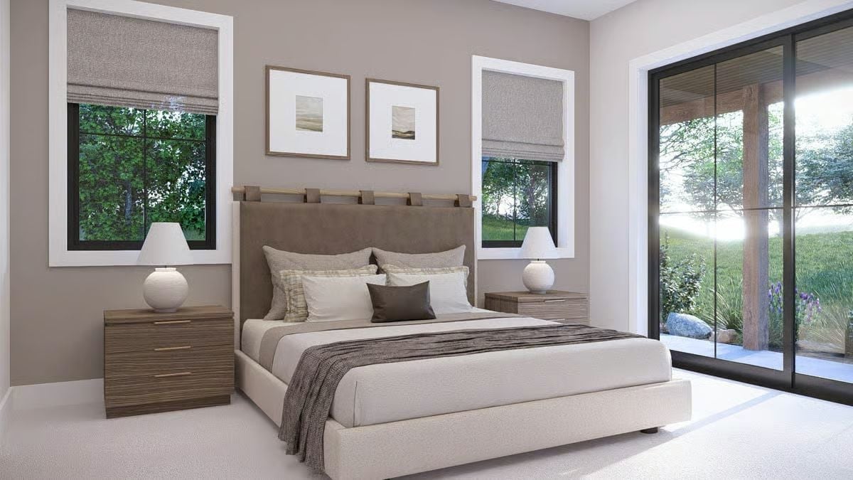 Taupe Walls, Suede Headboard, and Light Pouring in From Three Directions