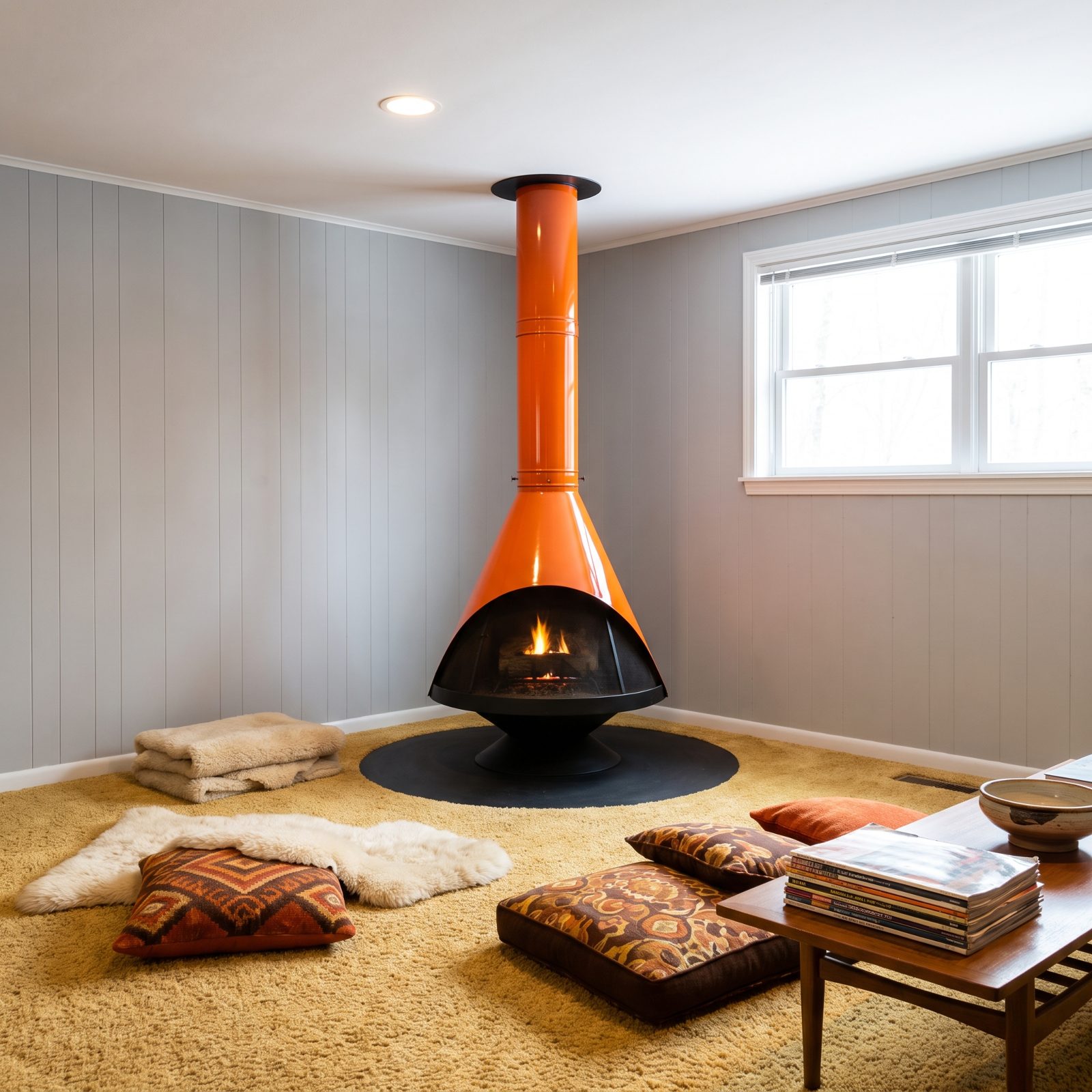 A Freestanding Cone Fireplace in Bright Orange