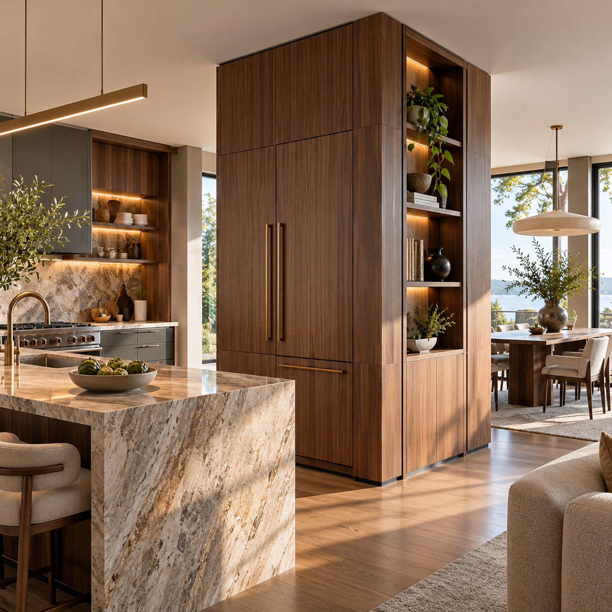 Contemporary kitchen with an integrated refrigerator built into a freestanding wood room divider between the kitchen and dining area