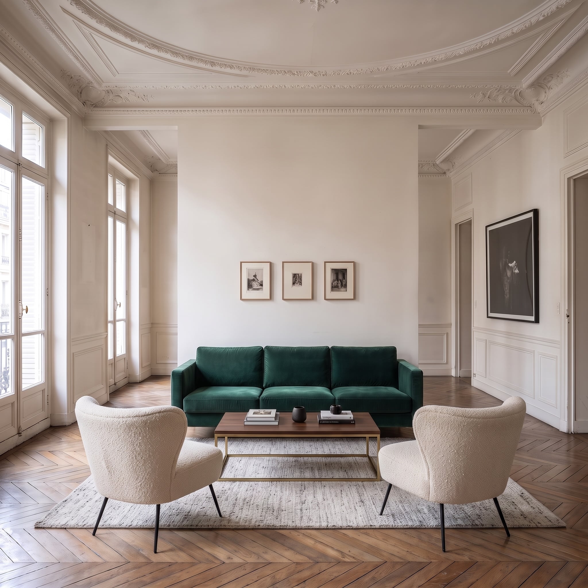 Parisian-inspired living room with low black sofa, tall wall moldings, and large-scale art
