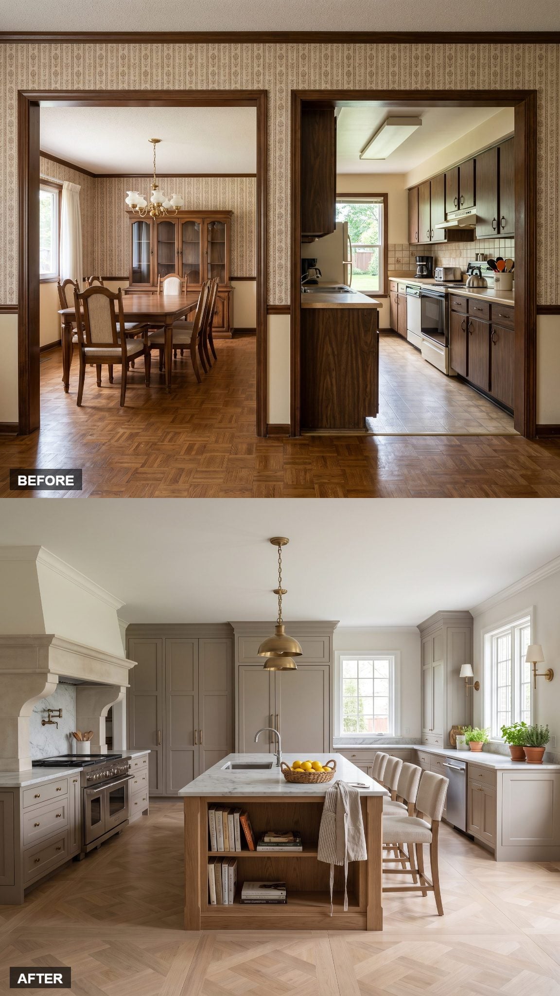 French Contemporary Kitchen in Warm Gray and Marble