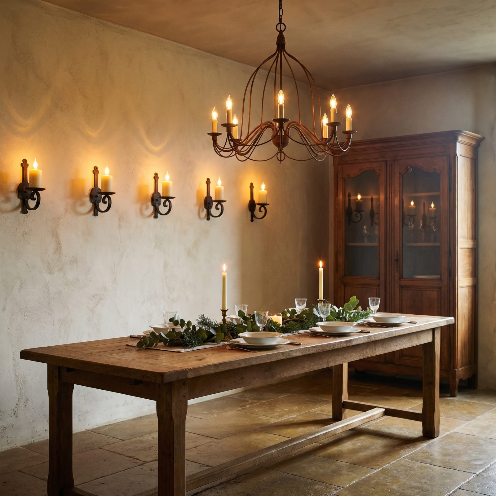A French Country Dining Room Filled with Candle Sconces