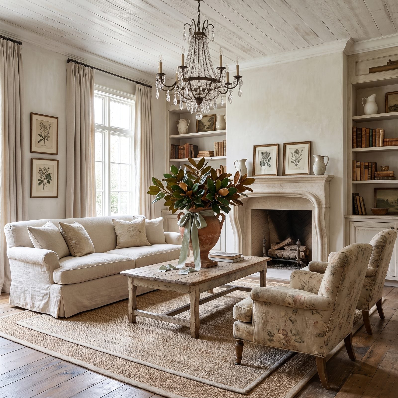 French Country Room with Faded Ribbon and Magnolia Leaves