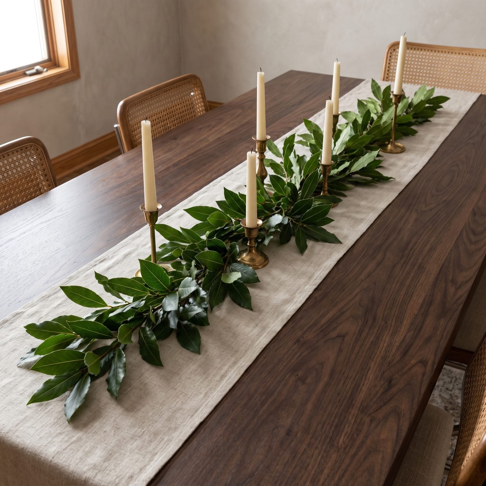 Fresh Bay Leaves Woven Through a Table Runner