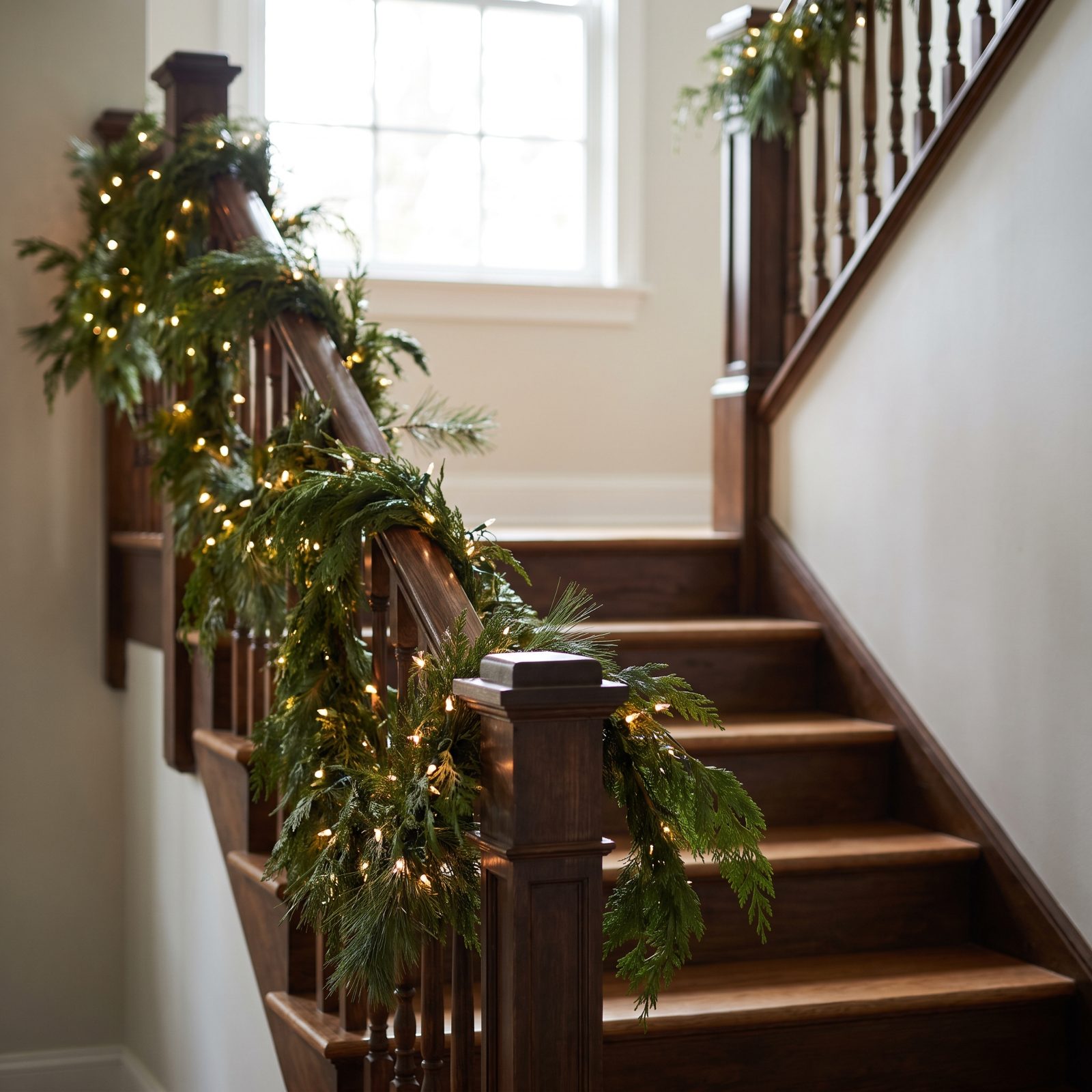 Fresh Evergreen Roping Along the Stair Rail