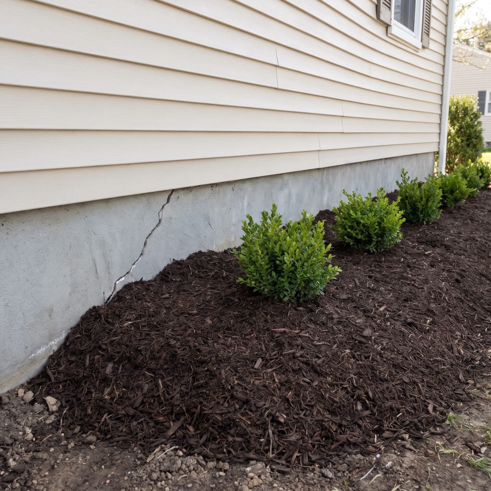Fresh Mulch Hiding a Cracked Foundation
