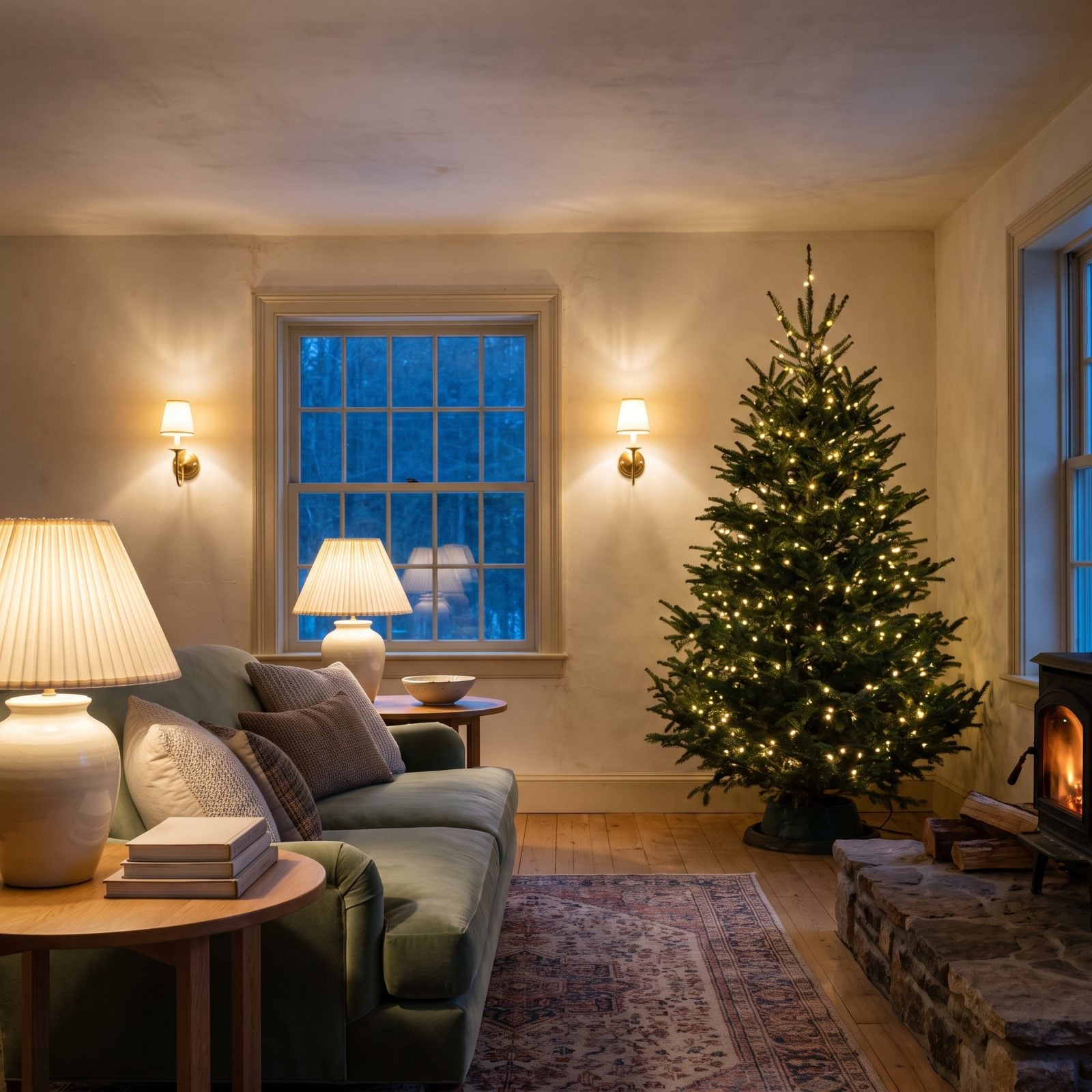 A Front Room Layering Tree Lights, Sconces, and Table Lamps