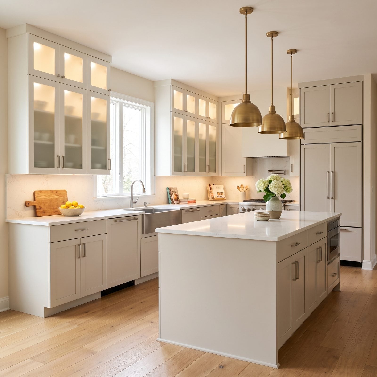Kitchen with frosted glass-front cabinet doors: Softly backlit frosted glass uppers above pale greige slab lowers.