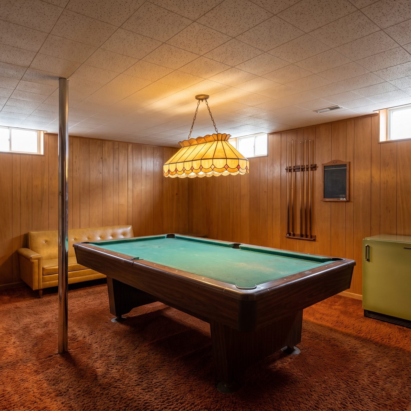 The Full-Size Pool Table Beneath a Hanging Billiard Lamp