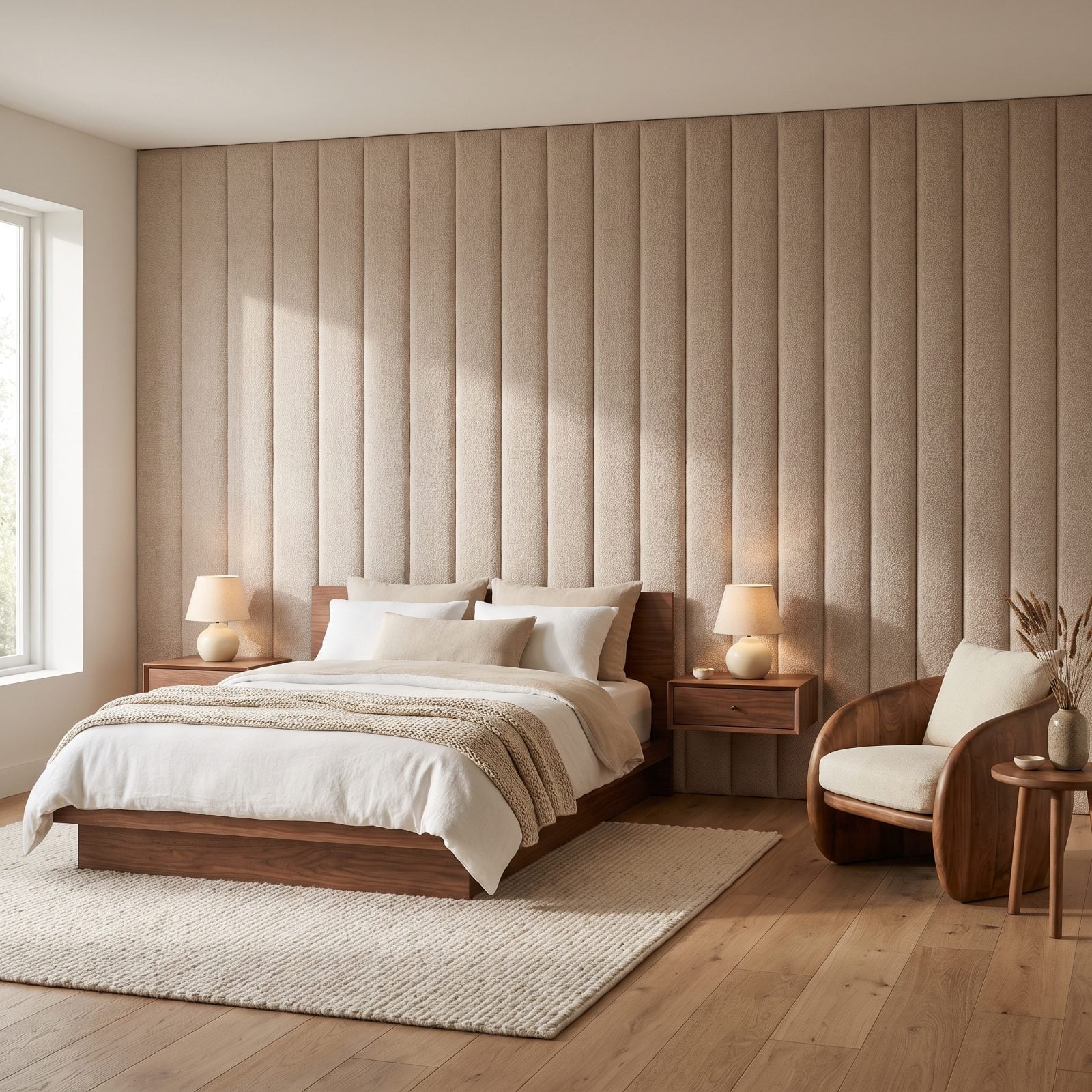A Fully Upholstered Headboard Wall That Swallows the Noise