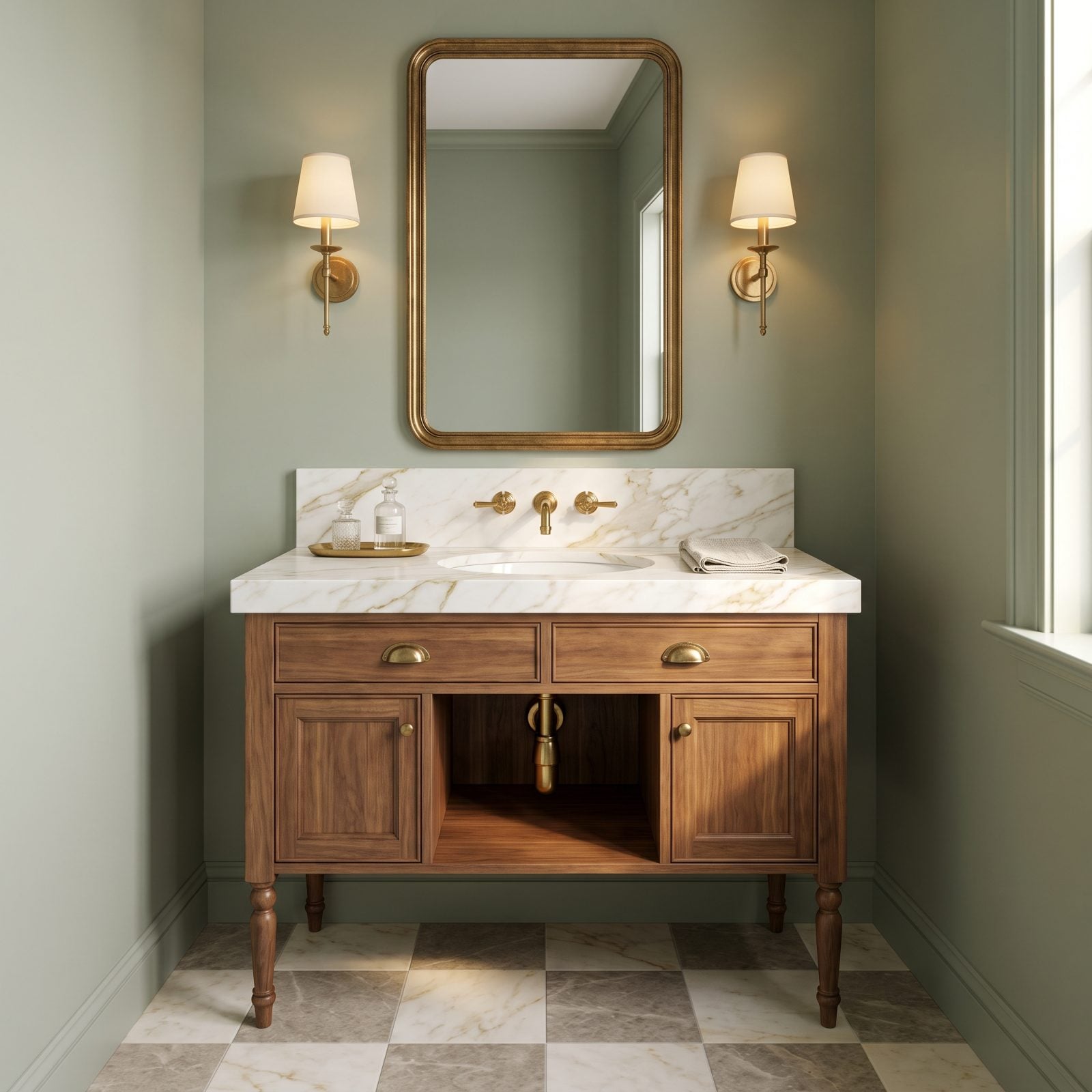 A Furniture-Style Walnut Washstand With a Tailored Marble Apron