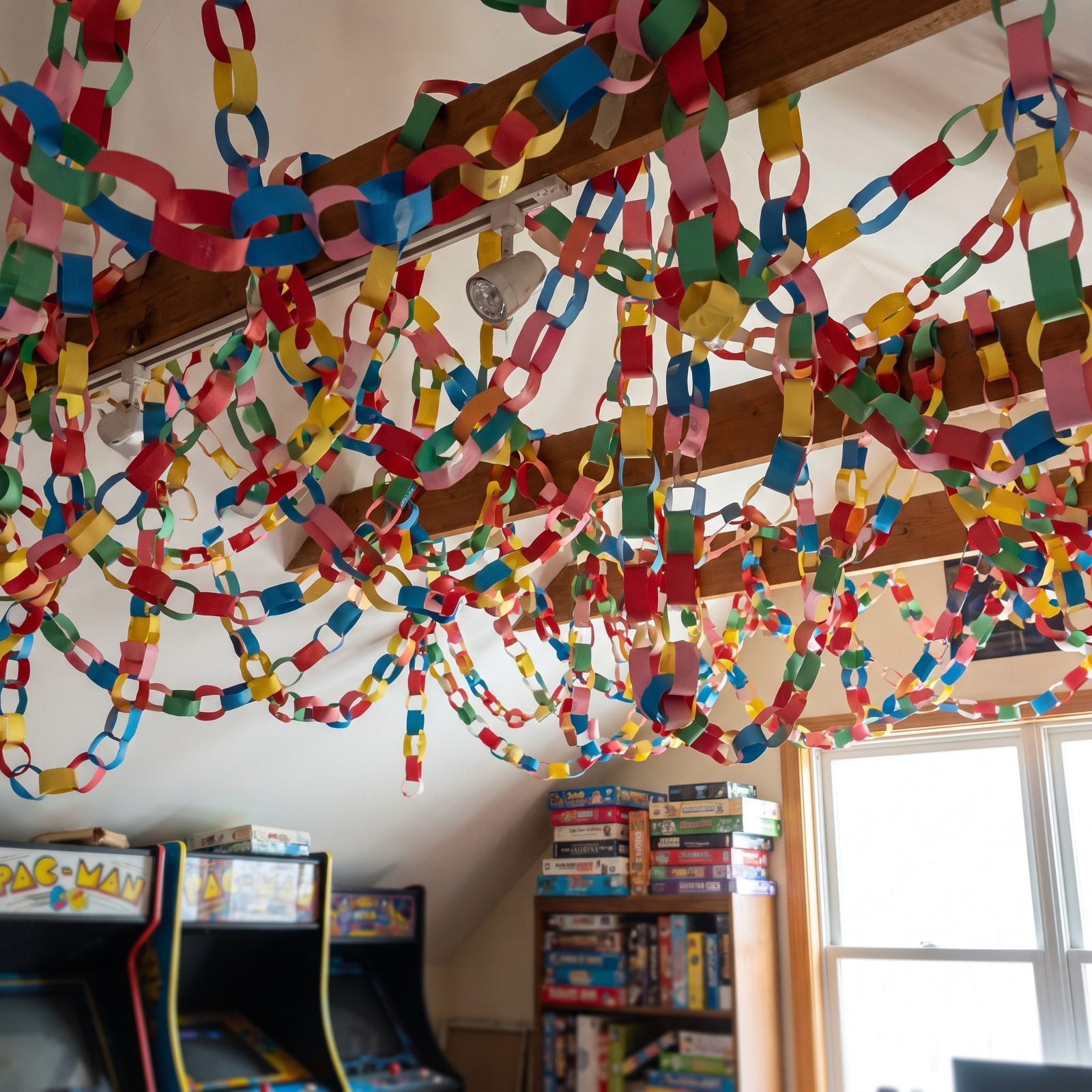 A Game-Room Ceiling Covered in Colorful Paper Chains