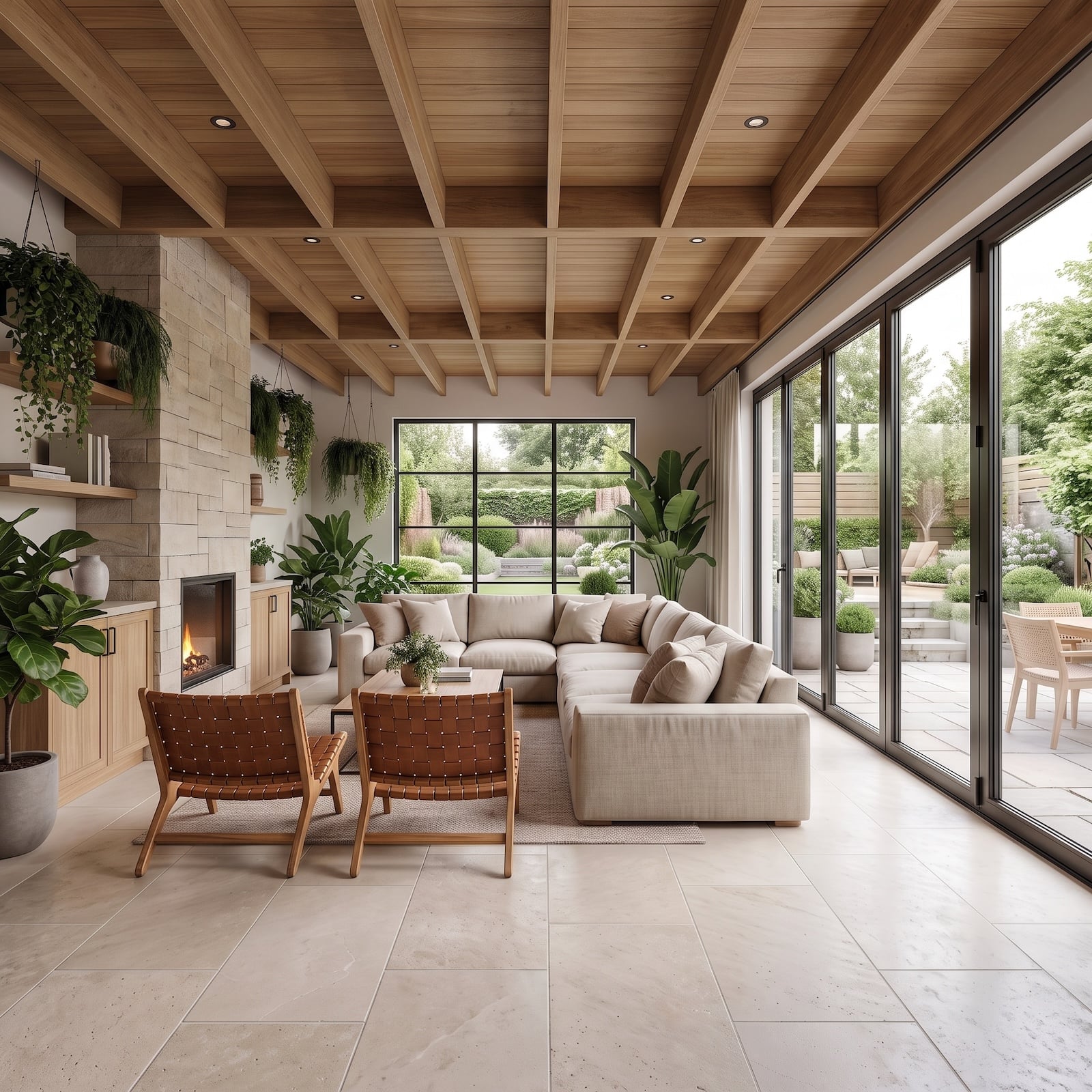 1970s garage transformed into a bright garden-facing family room with exposed wood ceiling beams and glass doors