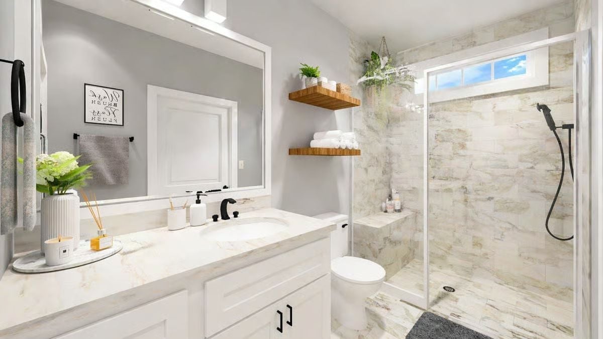 Marble Counters, Floating Wood Shelves, and a Shower Built for Lingering