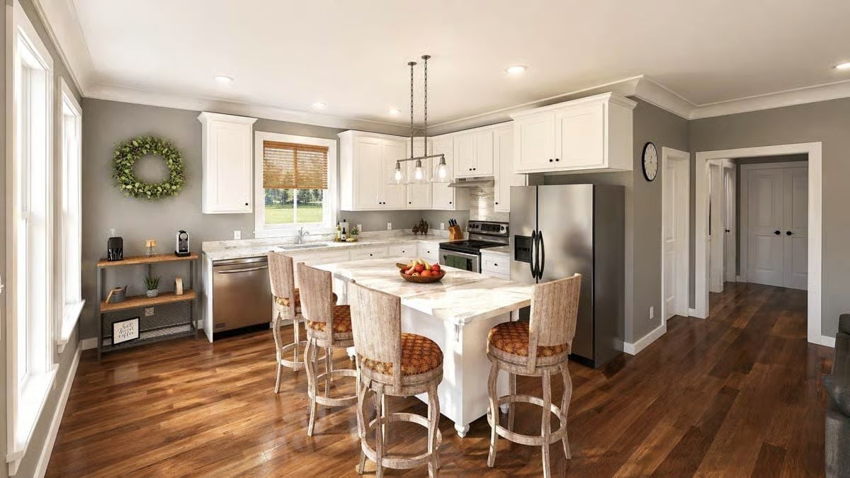 Marble Island, Bar Stools, and a Coffee Station That Earns Its Corner