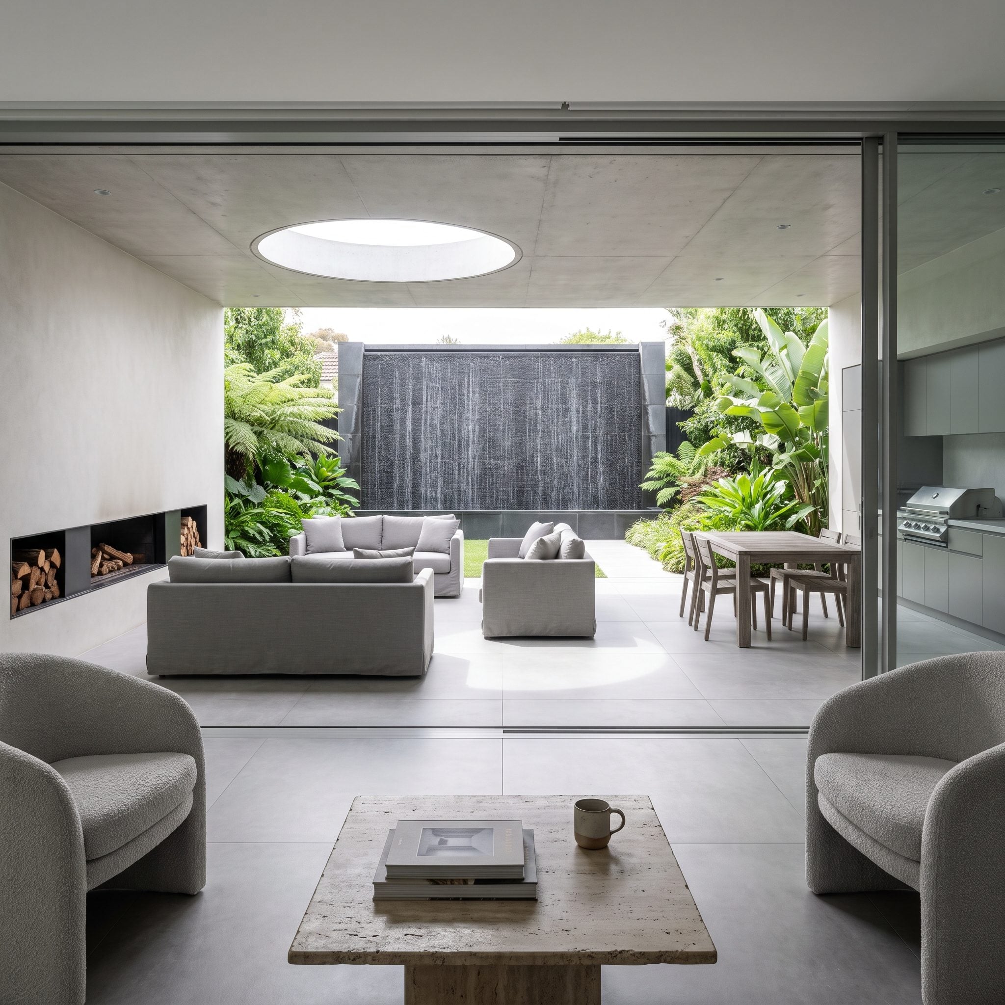 Contemporary sitting room opening to a covered outdoor salon with a circular skylight, lateral fireplace, cascading water wall and opposing sofas