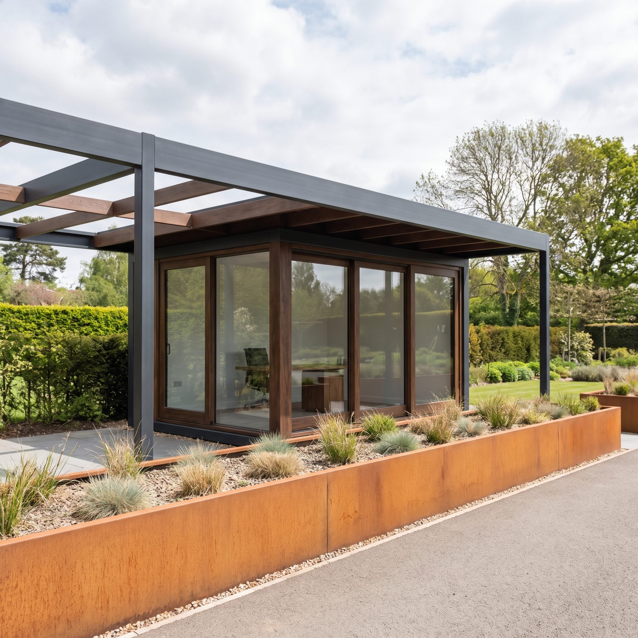 Garden office pavilion with a desk facing the lawn, a low Corten steel planter edge and a reading chair outside the sliding doors