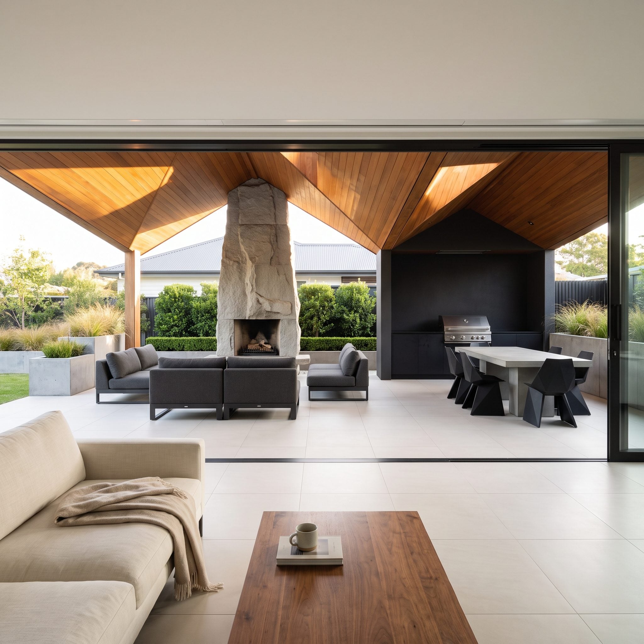 Contemporary living room with a pocketed glass wall opening to an outdoor lounge beneath a folded timber-lined roof and beside a sculptural stone fireplace