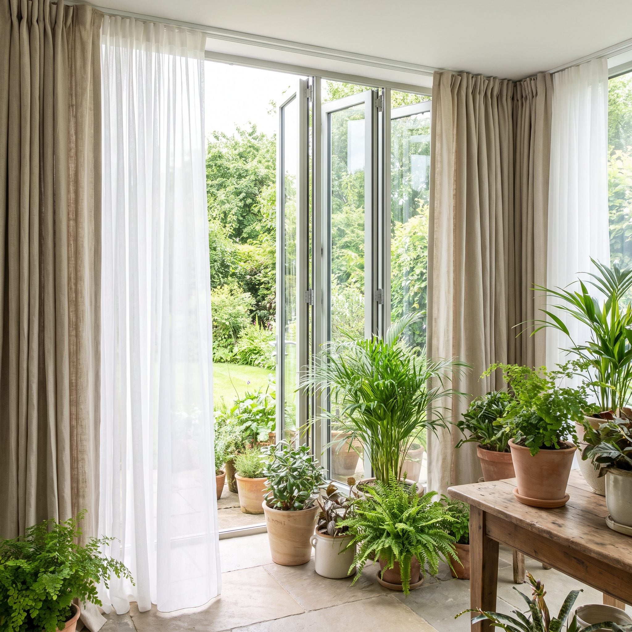 Green sofa beside wide garden doors with narrow curtain panels and a small round coffee table.