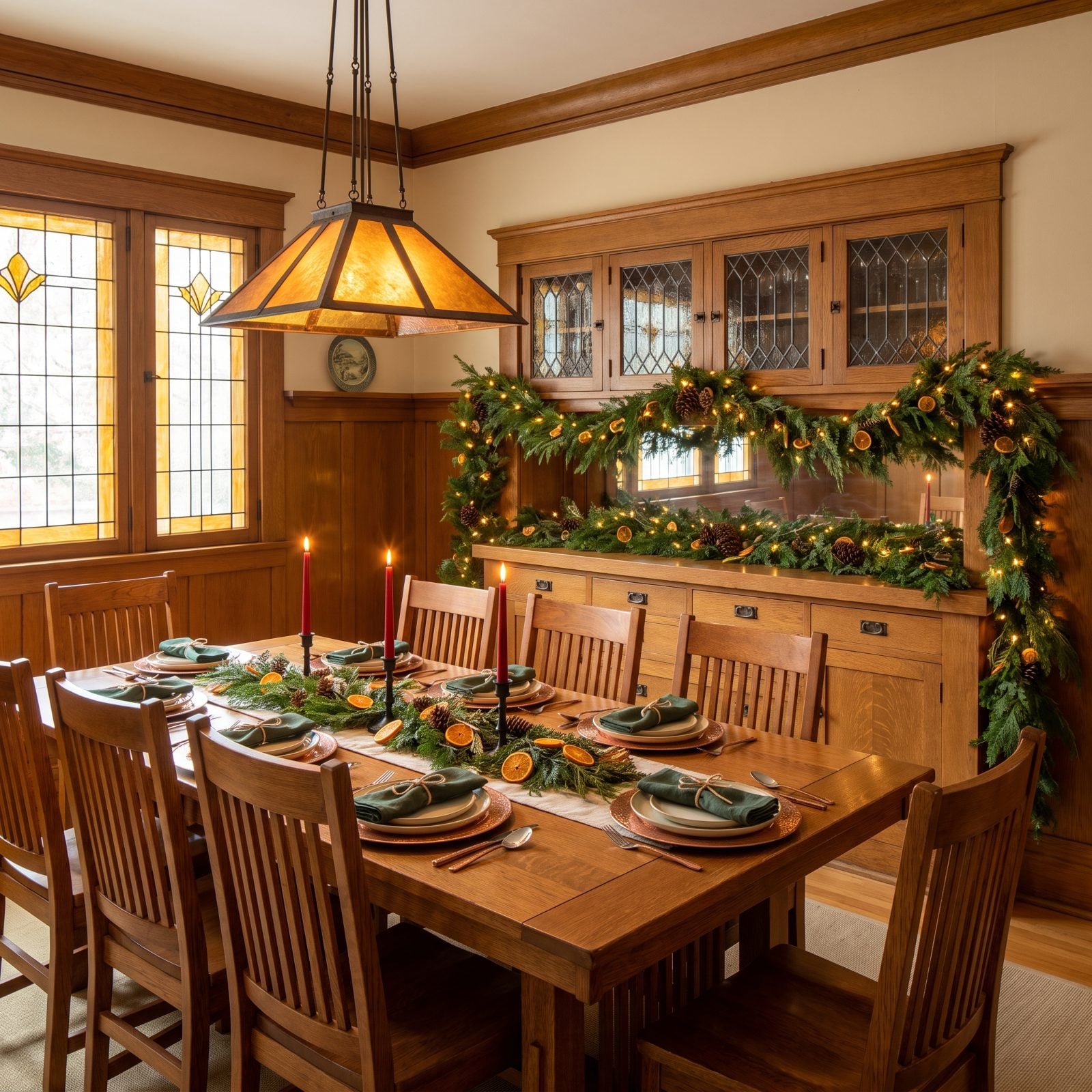 Garland-Wrapped Built-Ins Anchor a Craftsman Dining Room