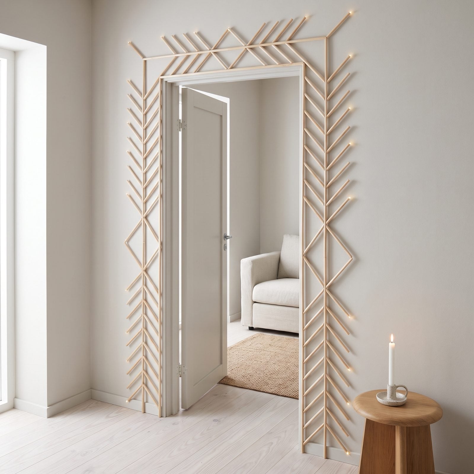 A Geometric Border of Natural Wood Dowels