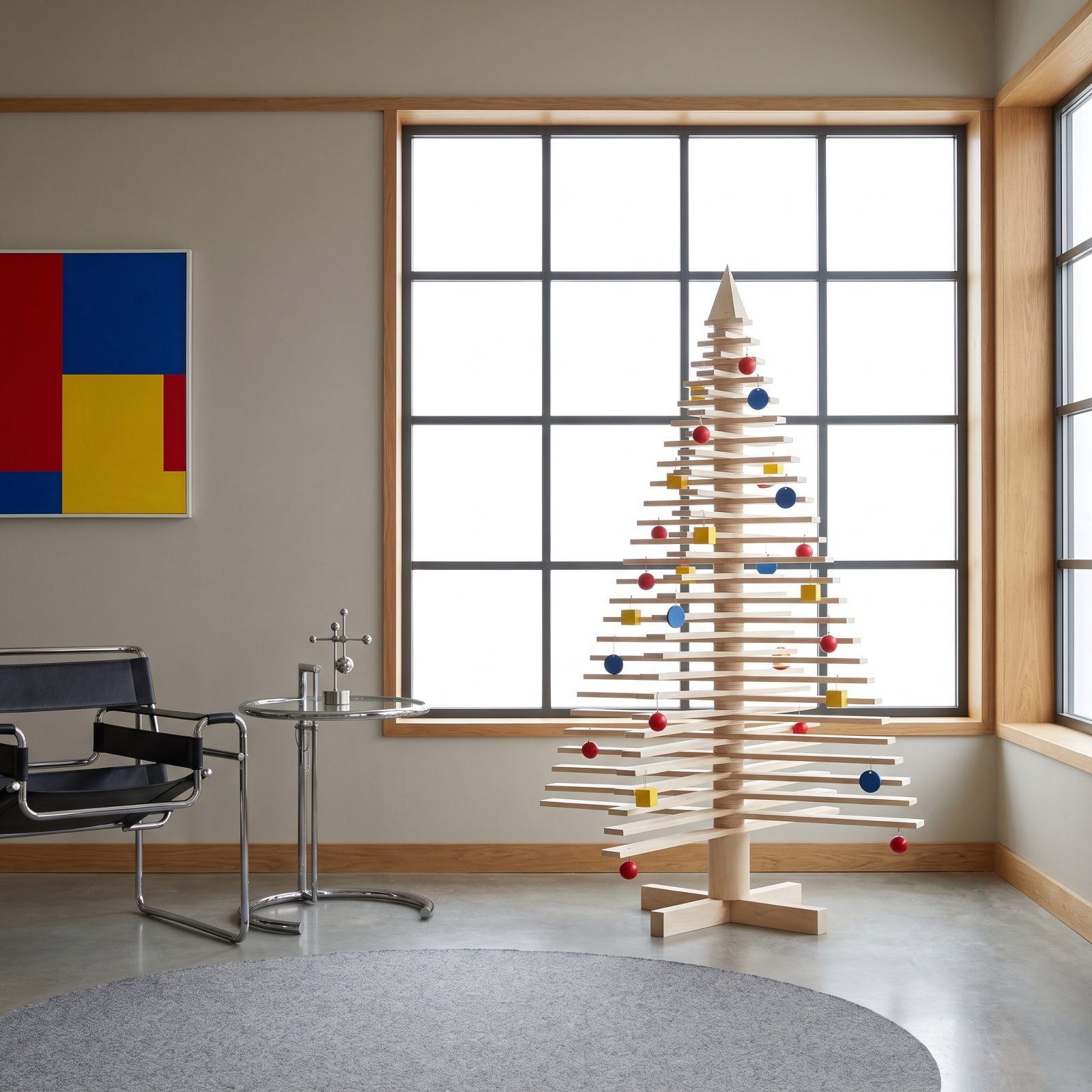 A Geometric Wooden Tree Inside a Bauhaus-Inspired Room
