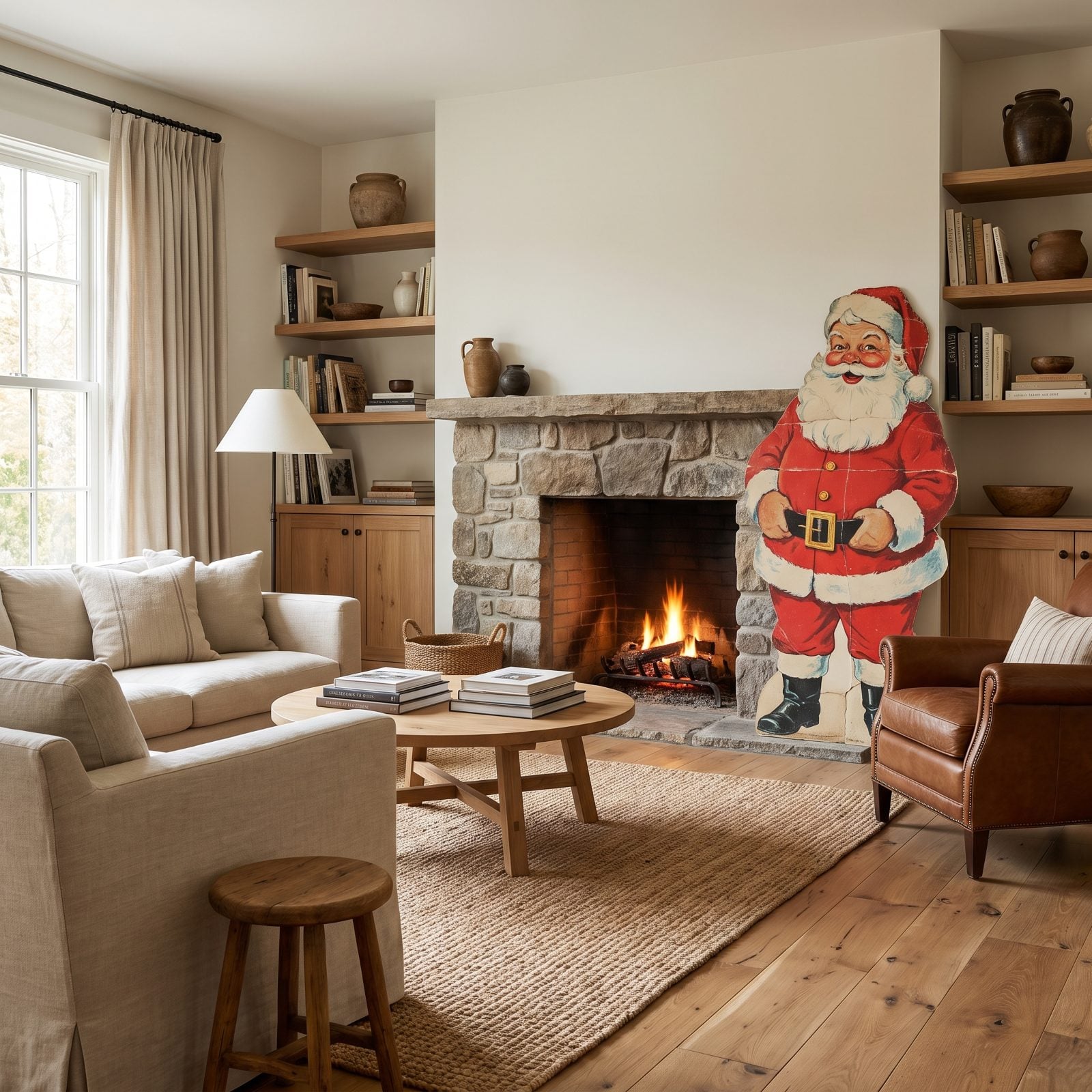 A Giant Cardboard Santa Beside the Fireplace