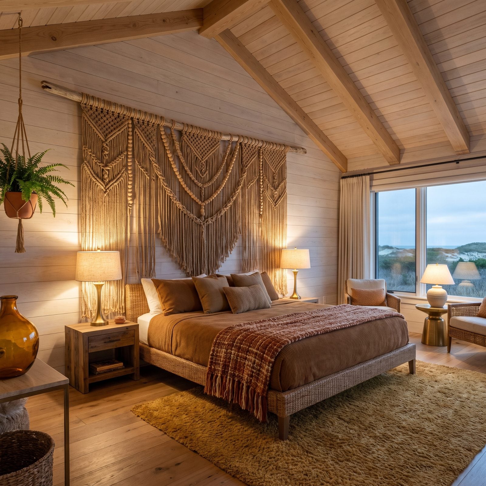 A Giant Macramé Wall Hanging Knotted Over the Headboard