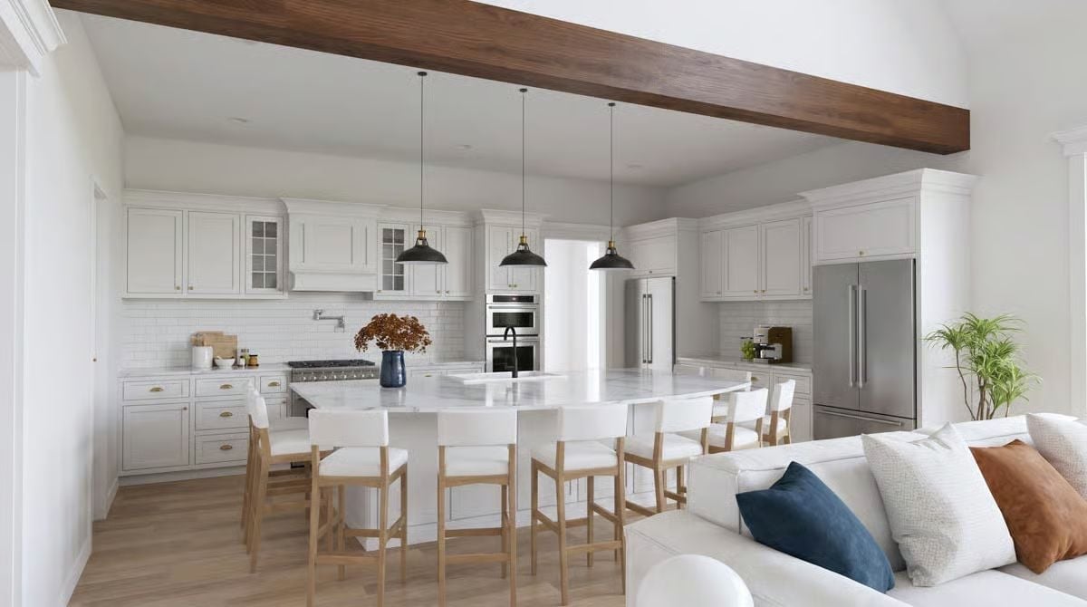 Barn Pendants, a Beam, and an Island That Seats the Whole Crew