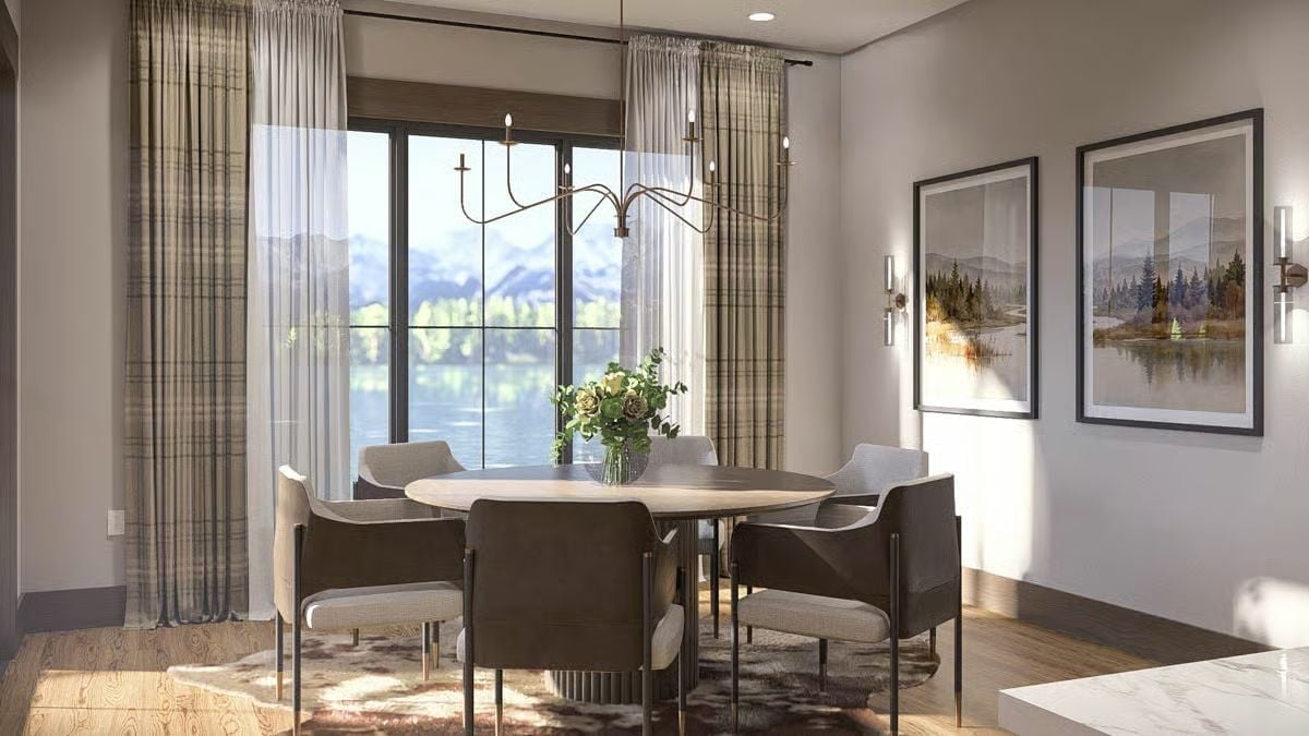 Plaid Drapes, a Candelabra Pendant, and Mountain Views Doing All the Work