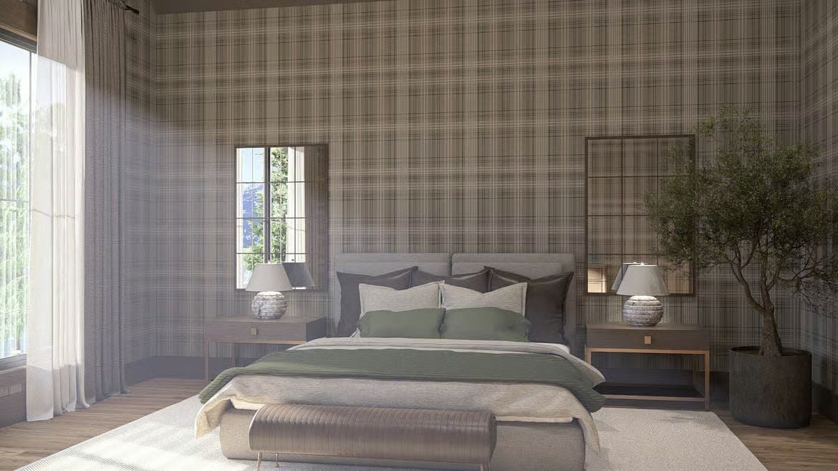Plaid Walls, Green Bedding, and a Bench That Sticks the Landing