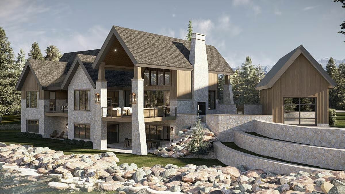 Stone Columns, Outdoor Fireplace, and a Deck That Means Business