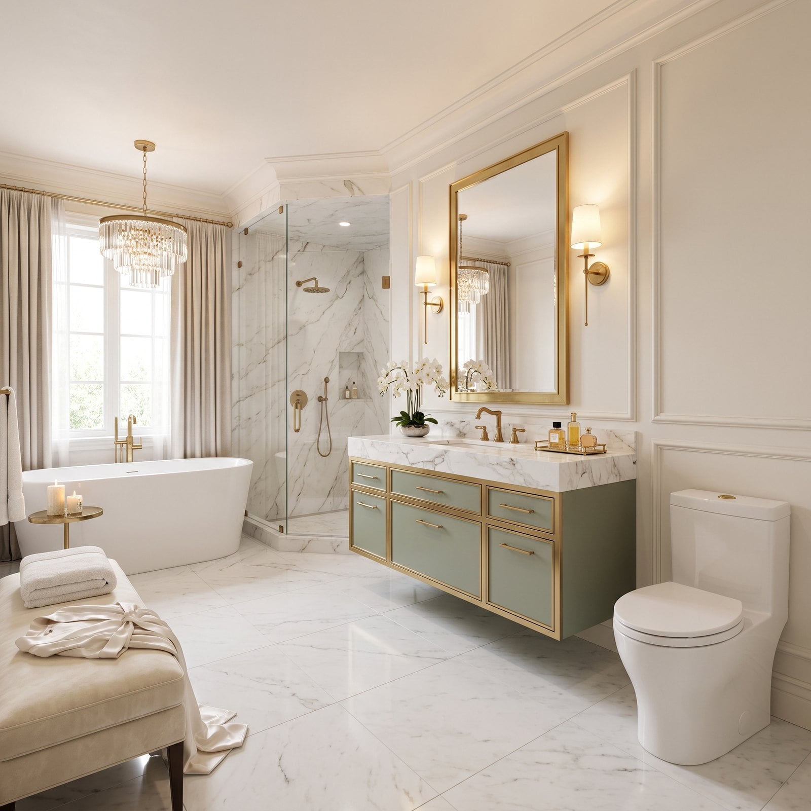Glam Without the Excess: Marble Slabs, a Sage Vanity and a Crystal Chandelier