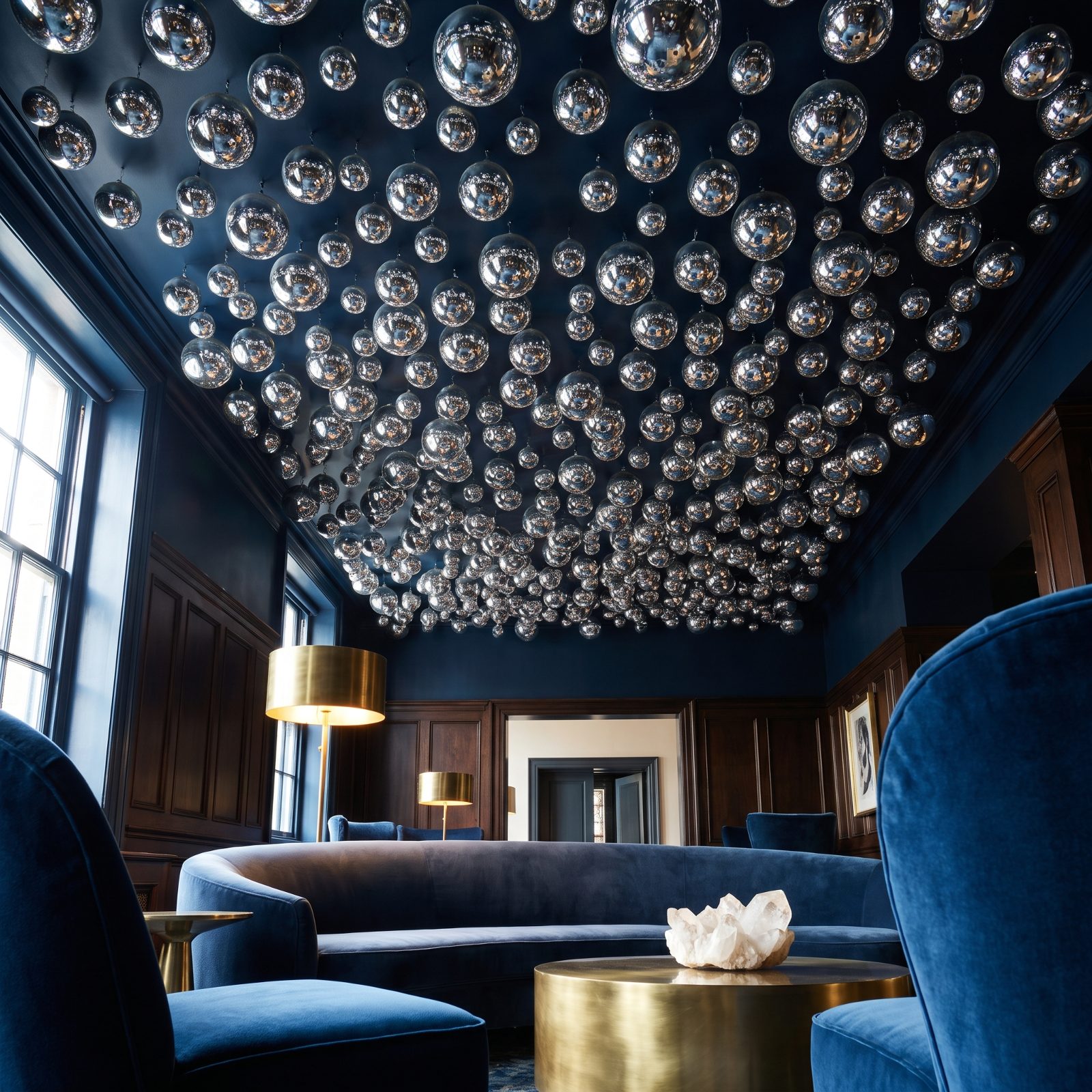 A Glamorous Lounge Beneath a Ceiling of Mirrored Baubles