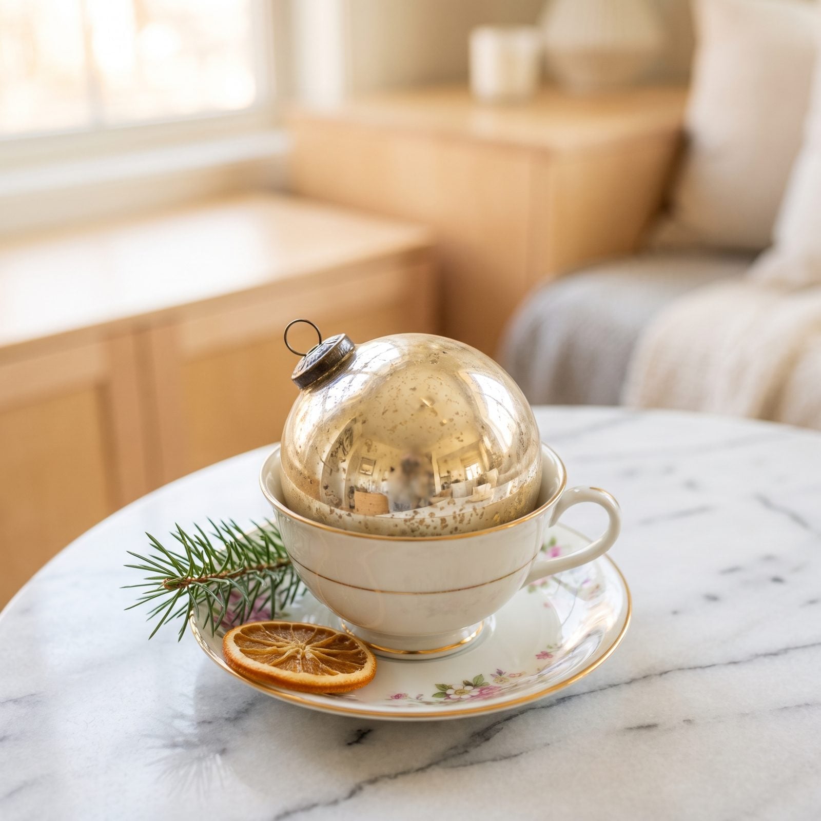 A Glass Bauble Resting in a Teacup