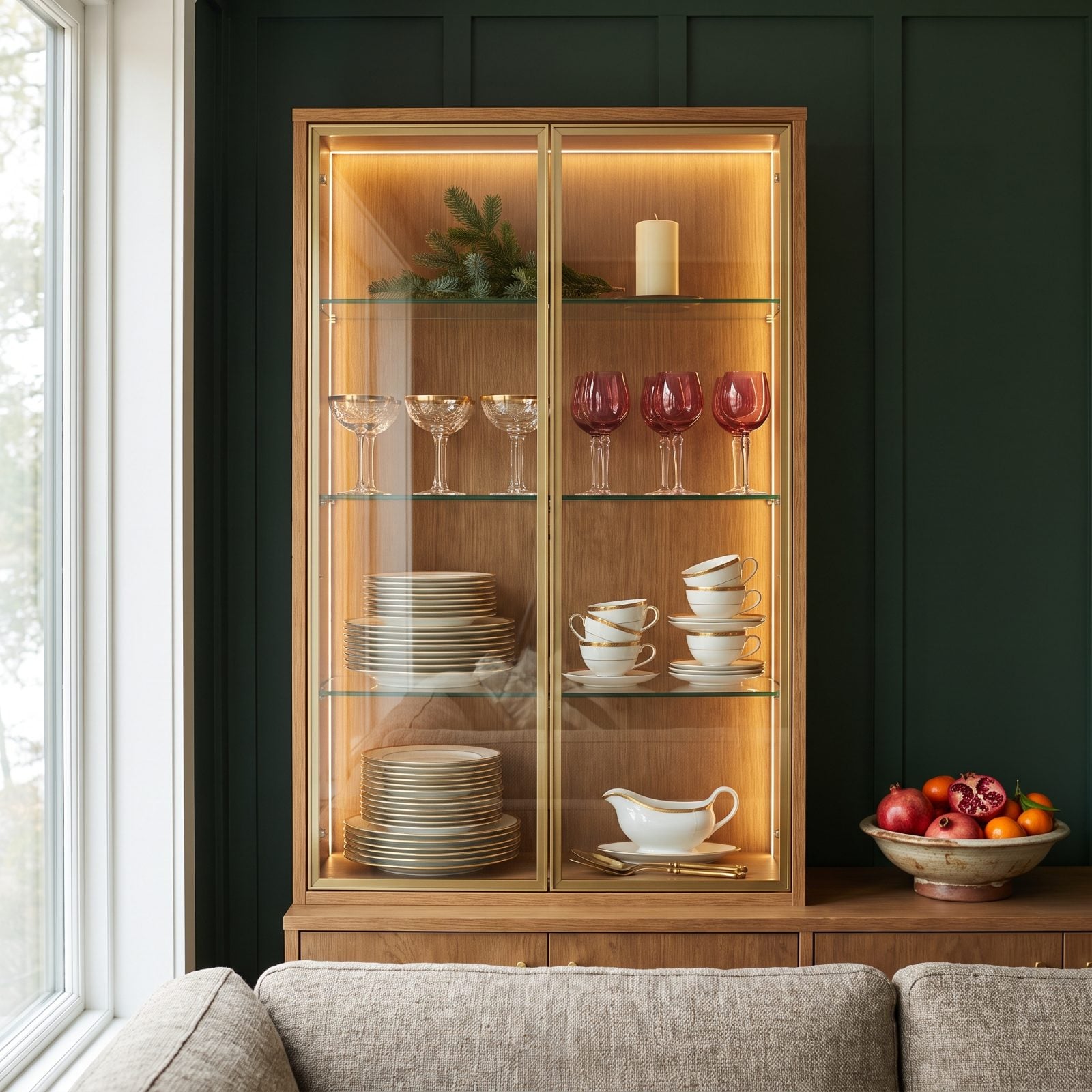 A Glass Cabinet Filled With Gold-Rimmed Holiday Tableware